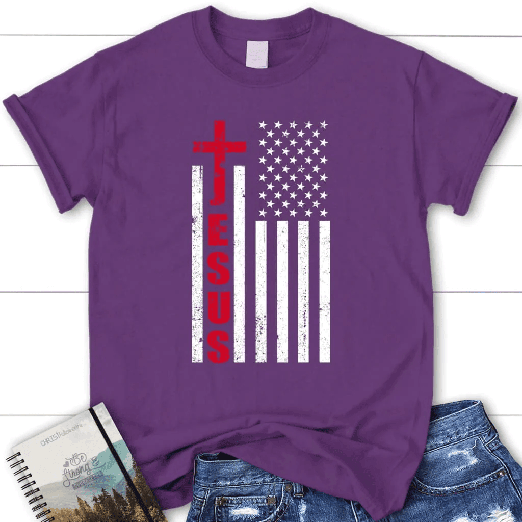 Patriotic T-Shirts: Jesus word cross with American flag women's Christian t-shirt