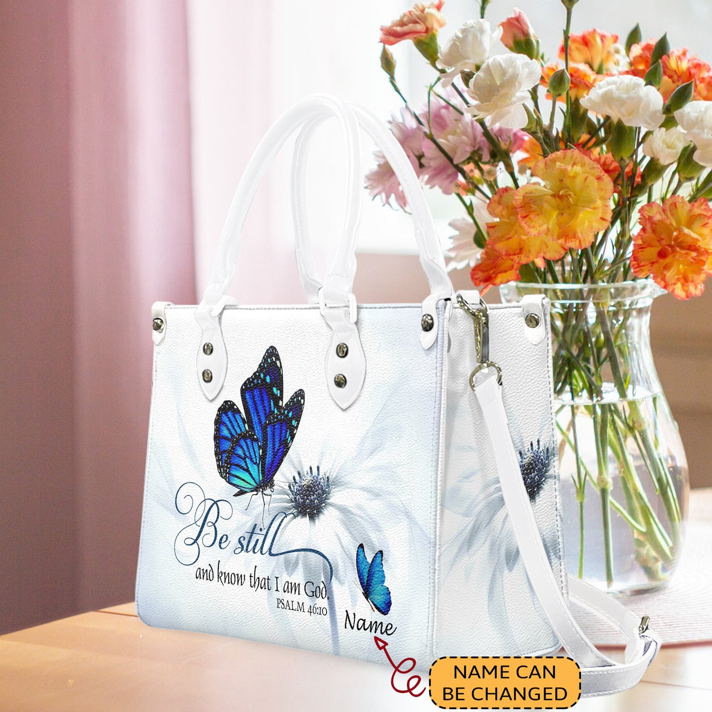 BUTTERFLY FLOWER BE STILL AND KNOW THAT I AM GOD PSALM 46:10 - Personalized Leather Handbag