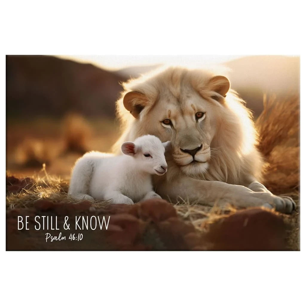 Lion and lamb, Be still and know Psalm 46:10, Wall Art Canvas Print