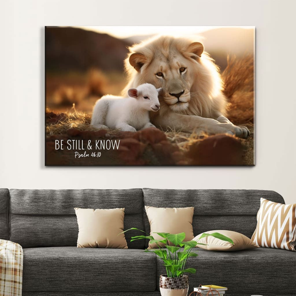 Lion and lamb, Be still and know Psalm 46:10, Wall Art Canvas Print
