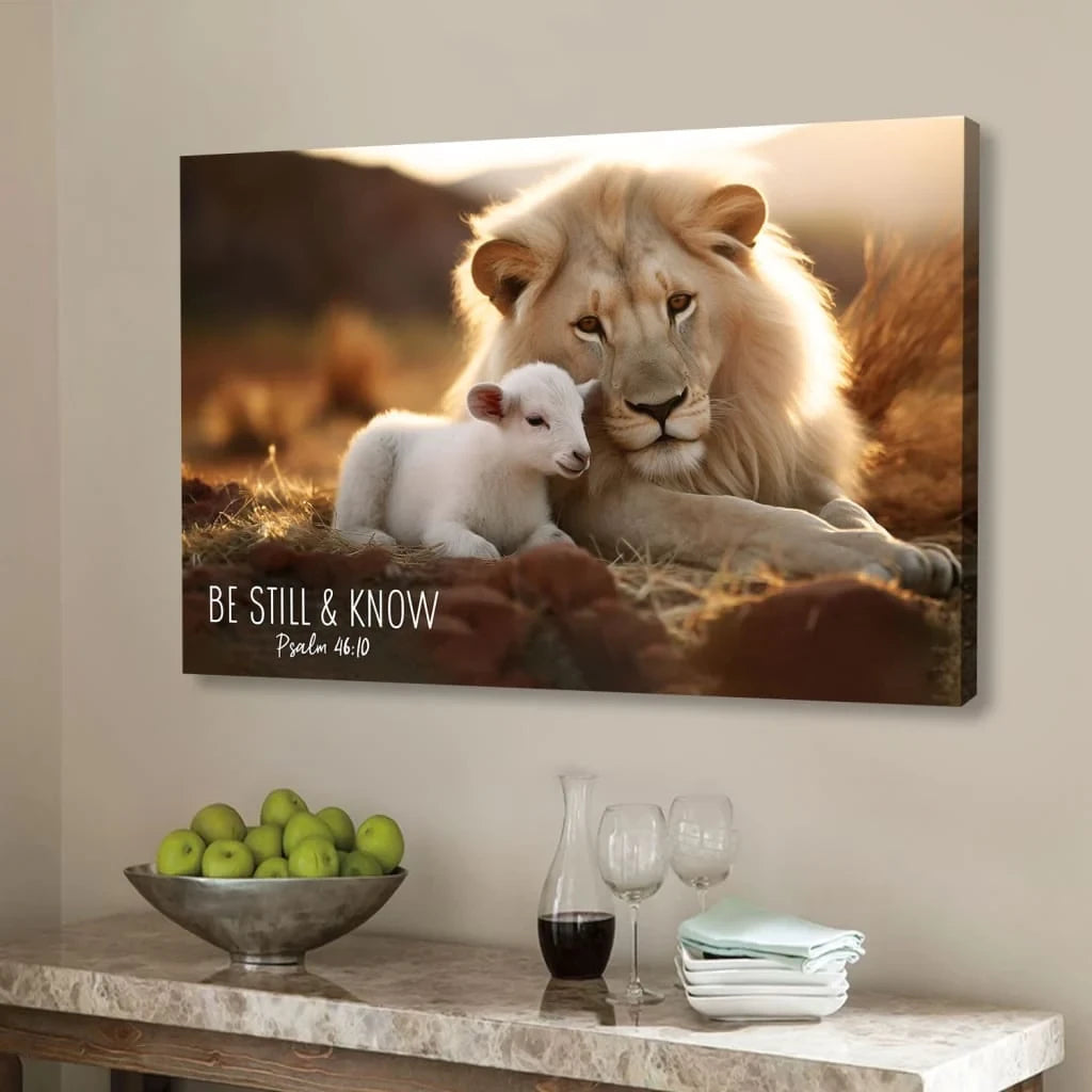 Lion and lamb, Be still and know Psalm 46:10, Wall Art Canvas Print