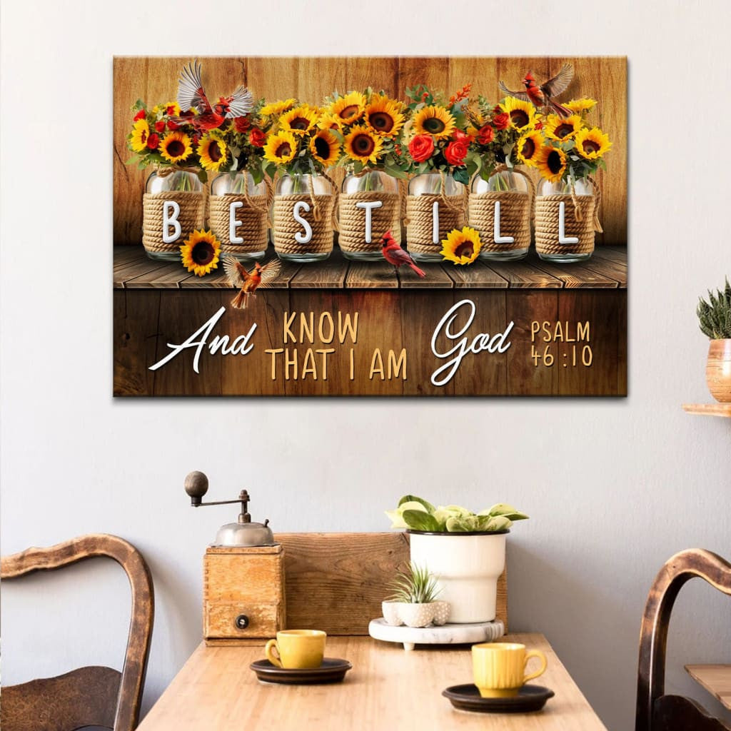 Be Still and Know That I Am God Psalm 46:10, Mason Jar Flowers, Wall Art Canvas