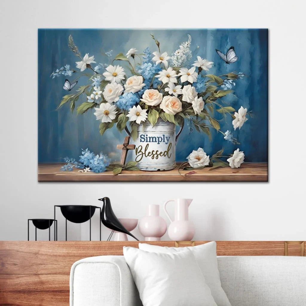 Simply Blessed Wall Art Canvas, Flowers and Butterflies, Christian Wall Decor