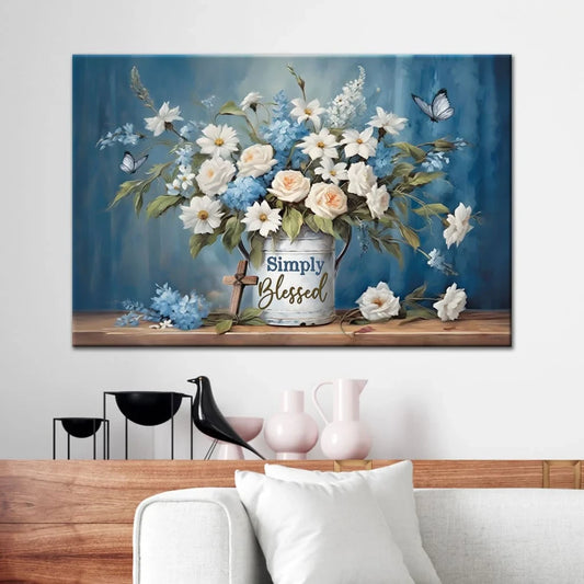 Simply Blessed Wall Art Canvas, Flowers and Butterflies, Christian Wall Decor