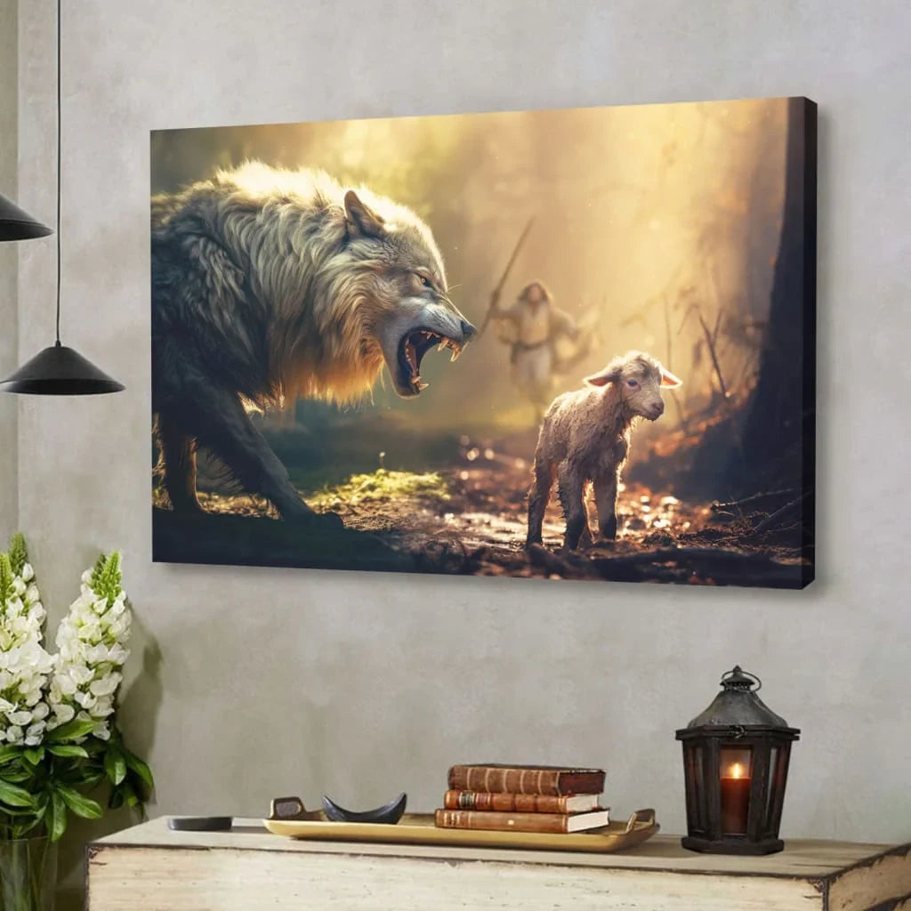 Jesus Running Towards Wolf and Lamb Wall Art Canvas