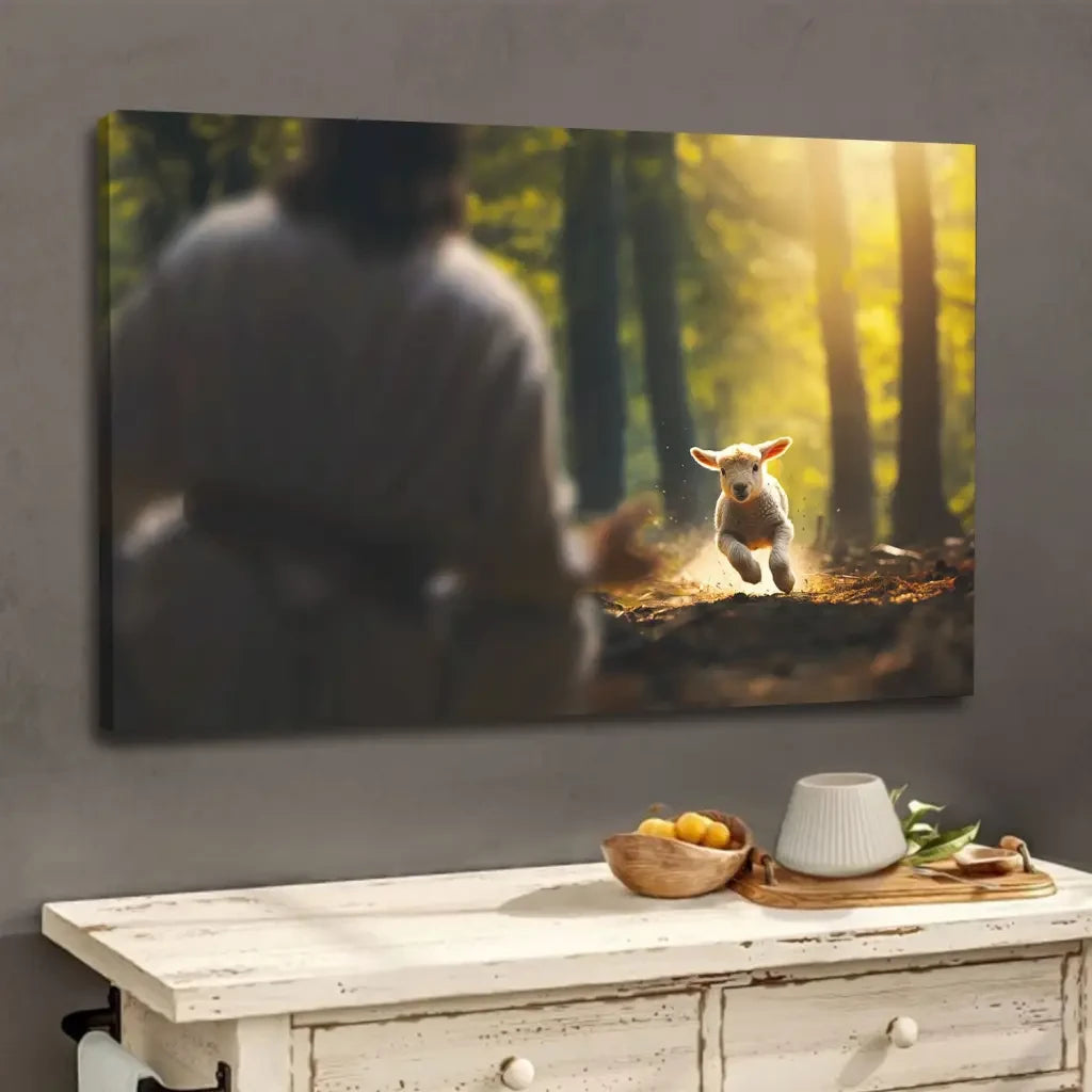Lamb Running To Jesus In The Forest Wall Art Canvas