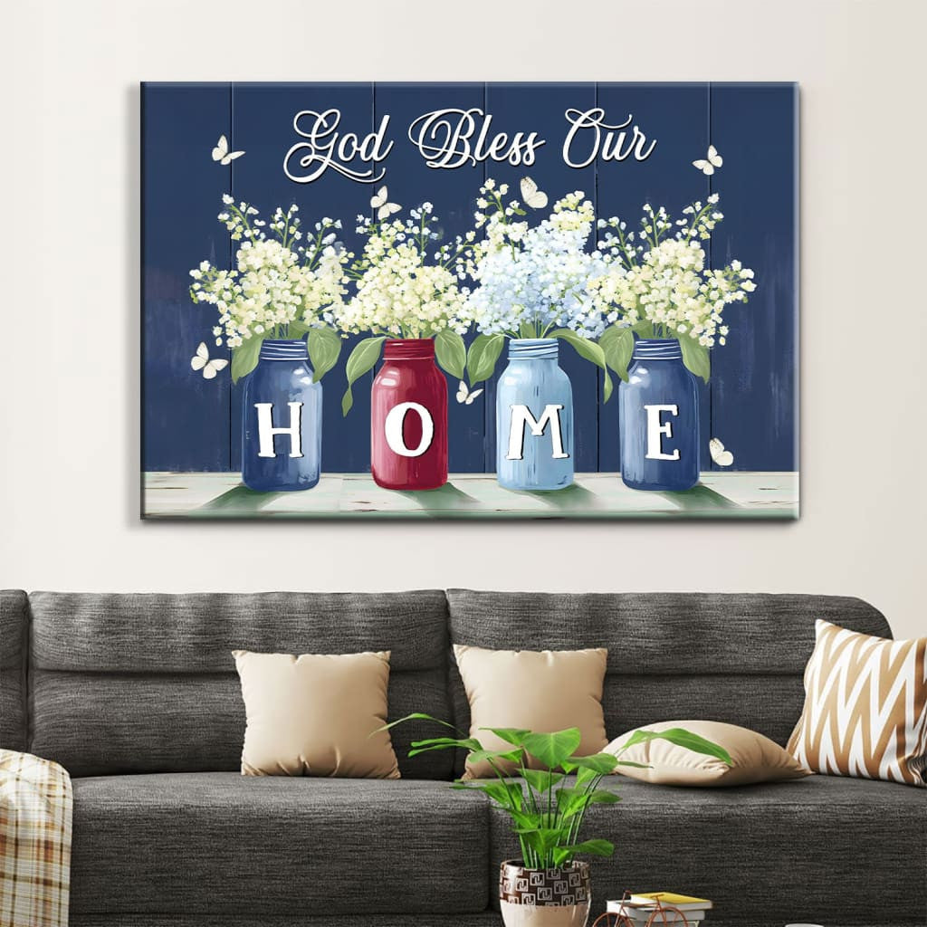 God Bless Our Home, Butterflies and Flowers in Vases, Wall Art Canvas