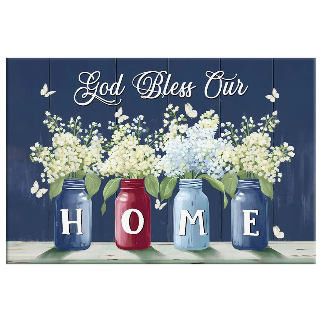 God Bless Our Home, Butterflies and Flowers in Vases, Wall Art Canvas