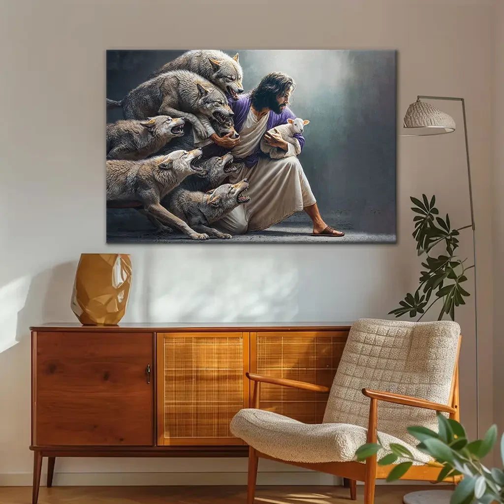 Jesus Protects The Lamb From Wolves Wall Art Canvas
