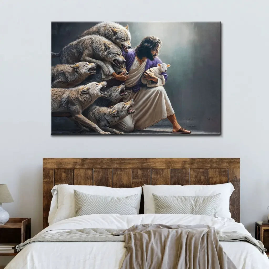 Jesus Protects The Lamb From Wolves Wall Art Canvas