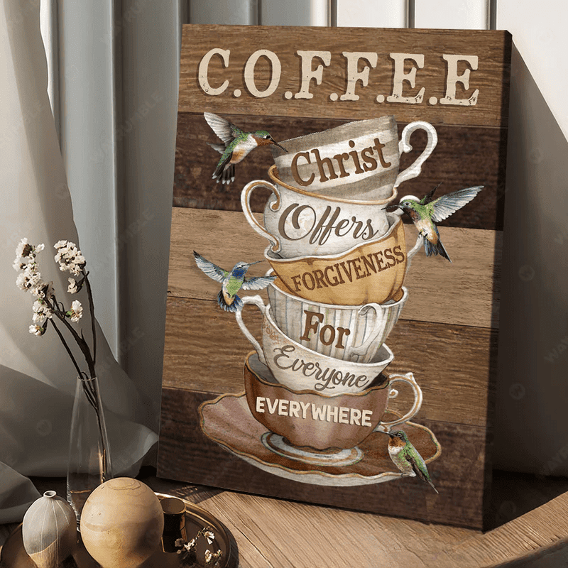 Vintage coffee cup, Hummingbird painting, Christ offer forgiven for everyone - Jesus Portrait Canvas Prints, Christian Wall Art