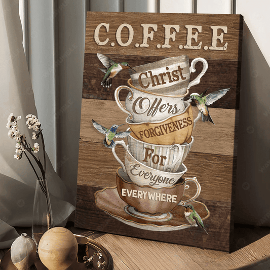 Vintage coffee cup, Hummingbird painting, Christ offer forgiven for everyone - Jesus Portrait Canvas Prints, Christian Wall Art