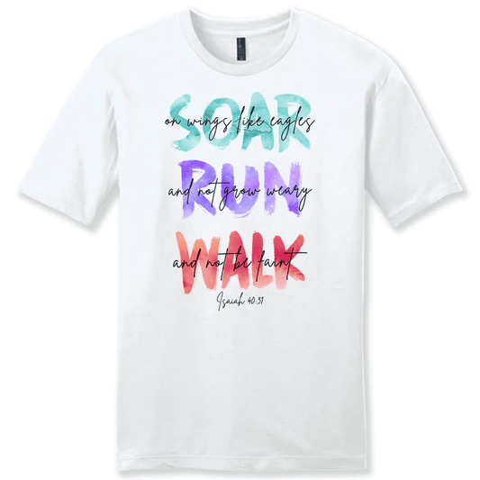 Soar on wings like eagles run and not grow weary men's Christian t-shirt
