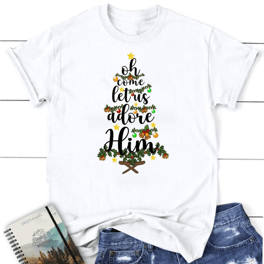 Oh come let us adore him Christmas Women's t shirt