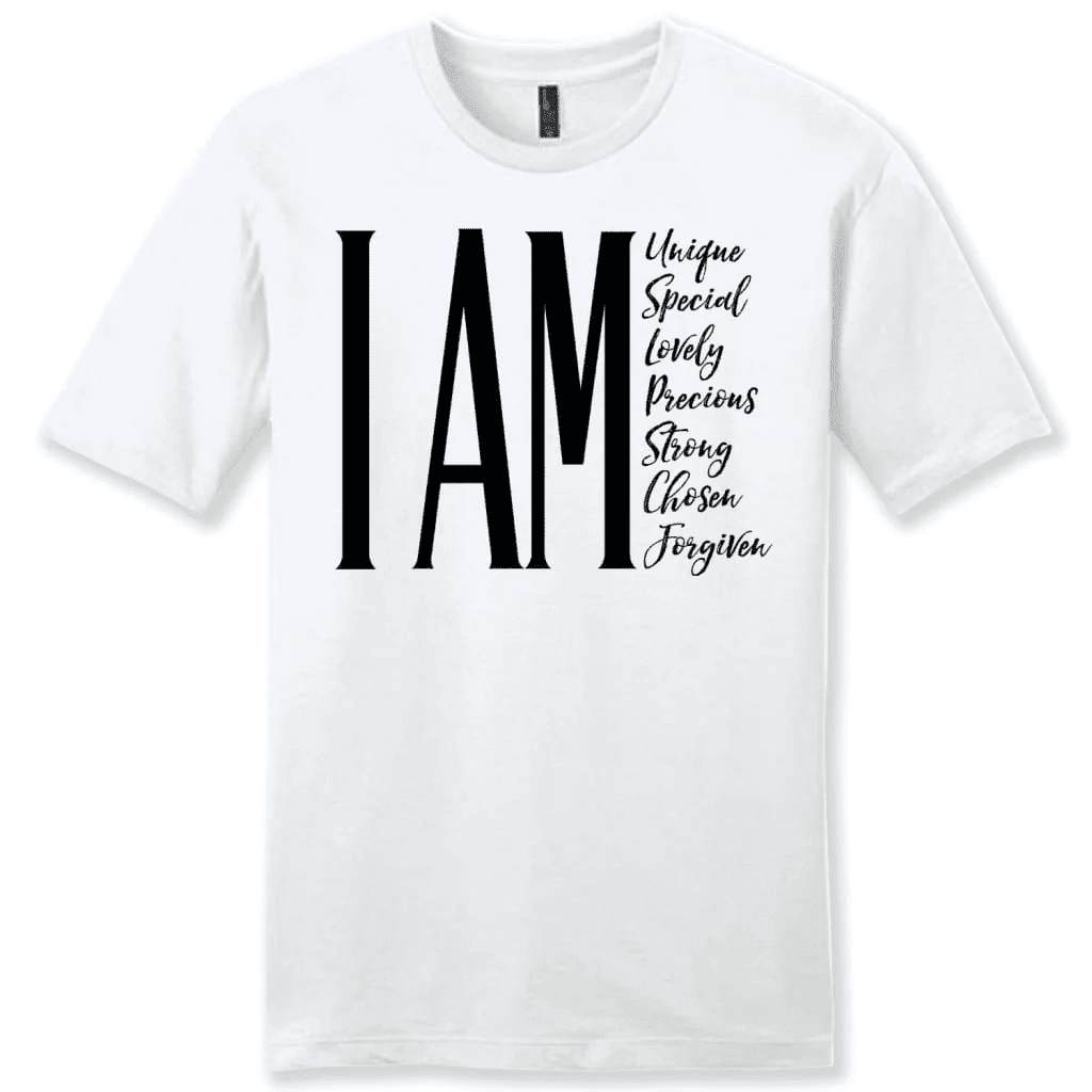 I am unique special lovely precious strong chosen forgiven men's Christian t-shirt
