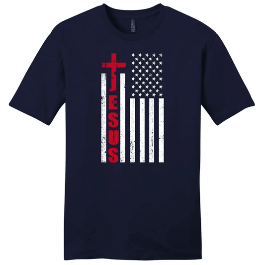Patriotic T-Shirts: Jesus word cross with American flag men's Christian t-shirt