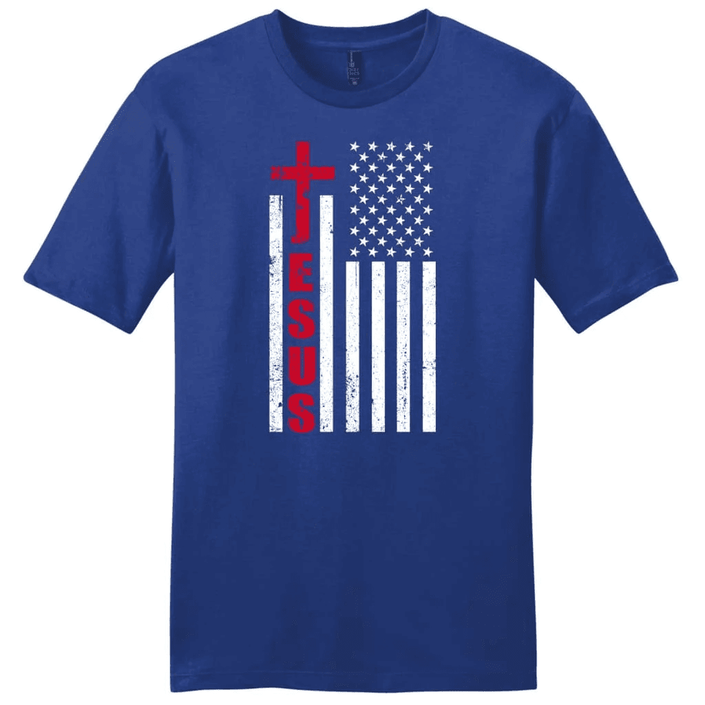 Patriotic T-Shirts: Jesus word cross with American flag men's Christian t-shirt