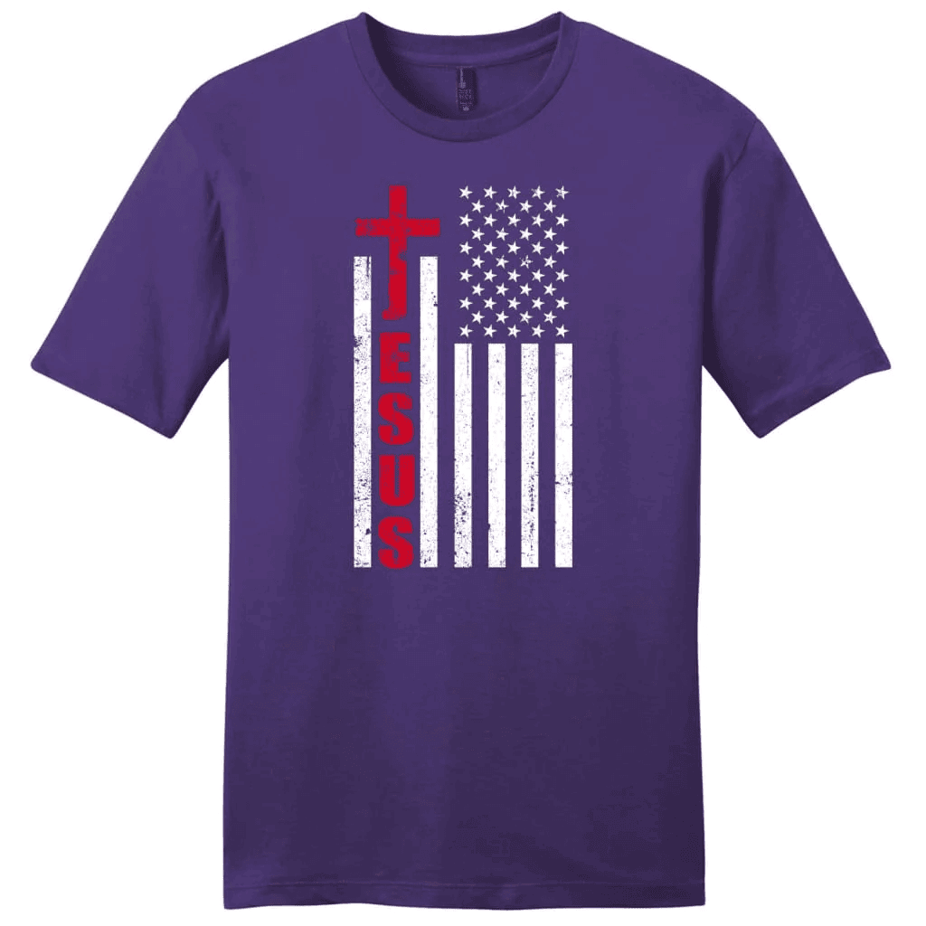 Patriotic T-Shirts: Jesus word cross with American flag men's Christian t-shirt