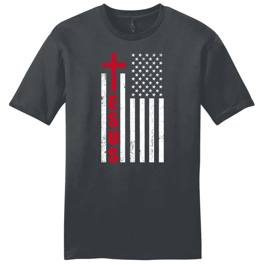 Patriotic T-Shirts: Jesus word cross with American flag men's Christian t-shirt