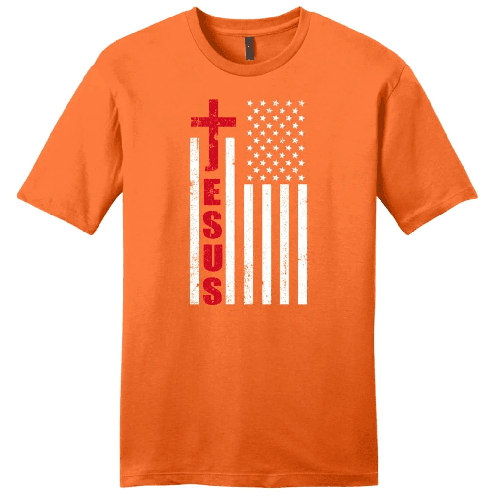 Patriotic T-Shirts: Jesus word cross with American flag men's Christian t-shirt