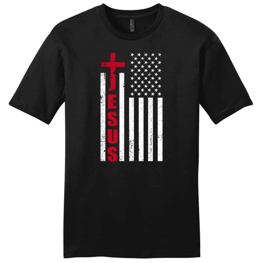 Patriotic T-Shirts: Jesus word cross with American flag men's Christian t-shirt