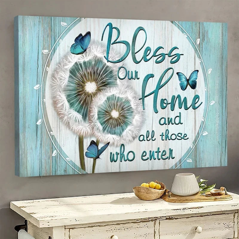 Dandelion, Butterfly, Bless our home and all those who enter - Jesus Landscape Canvas Prints, Wall Art