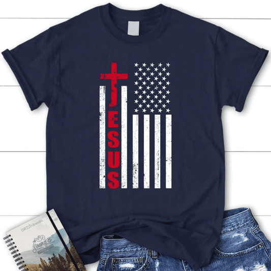 Patriotic T-Shirts: Jesus word cross with American flag women's Christian t-shirt