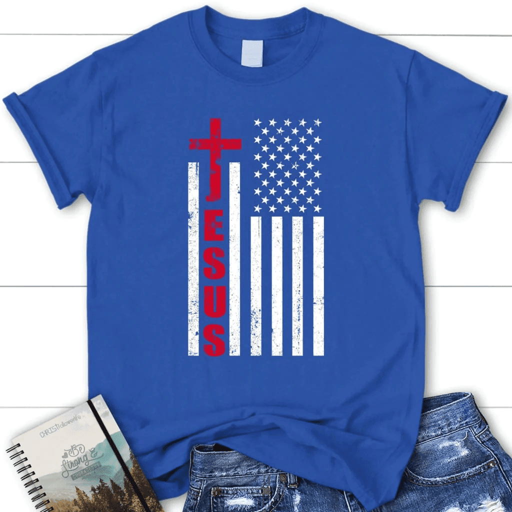 Patriotic T-Shirts: Jesus word cross with American flag women's Christian t-shirt