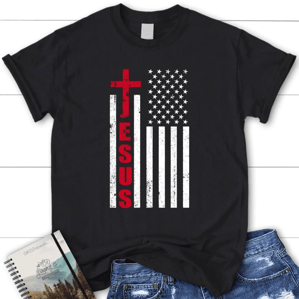 Patriotic T-Shirts: Jesus word cross with American flag women's Christian t-shirt