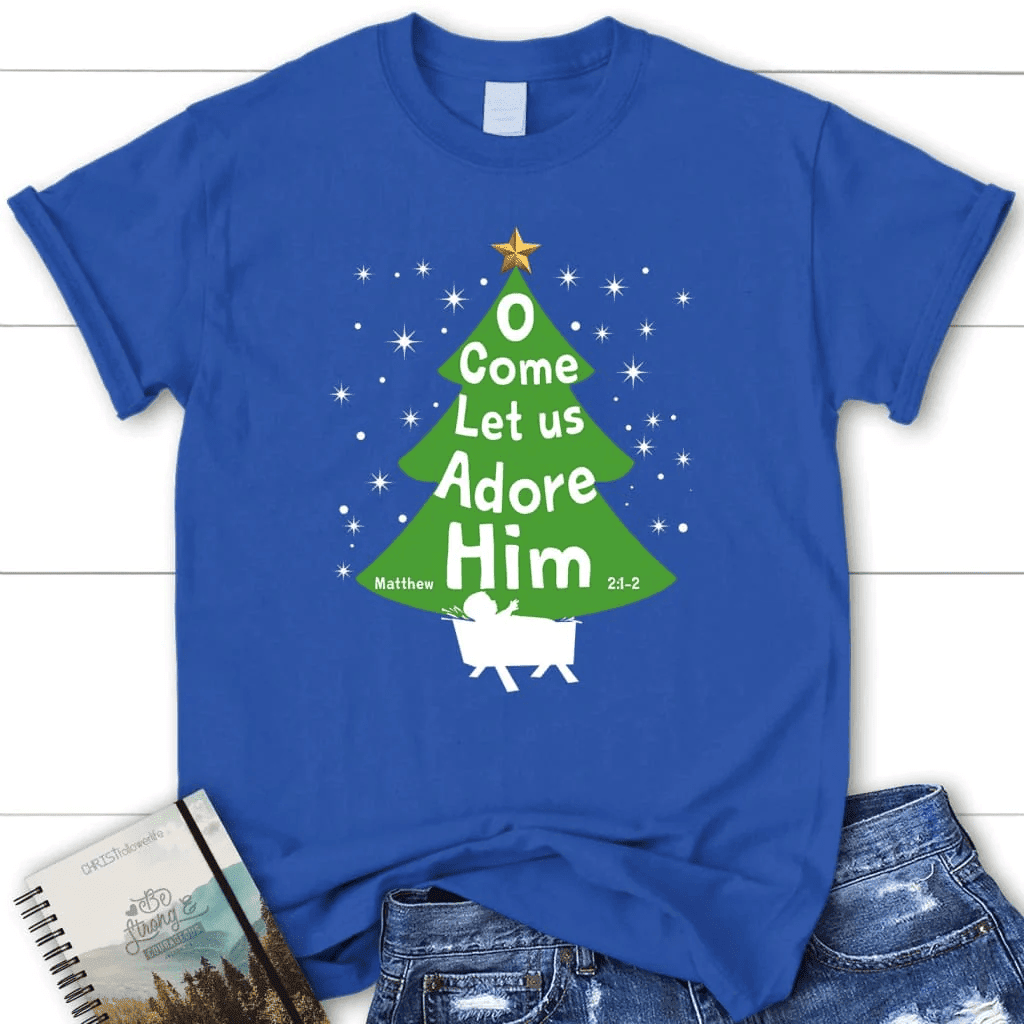 O come let us adore Him Christmas tree women's t-shirt