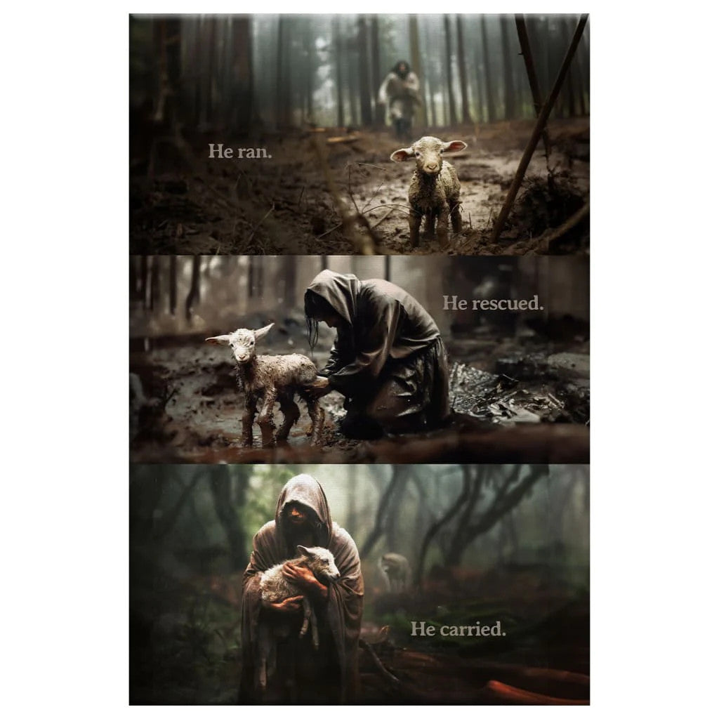 He Ran, He Rescued, He Carried, Jesus and Lost Sheep, Wall Art Canvas