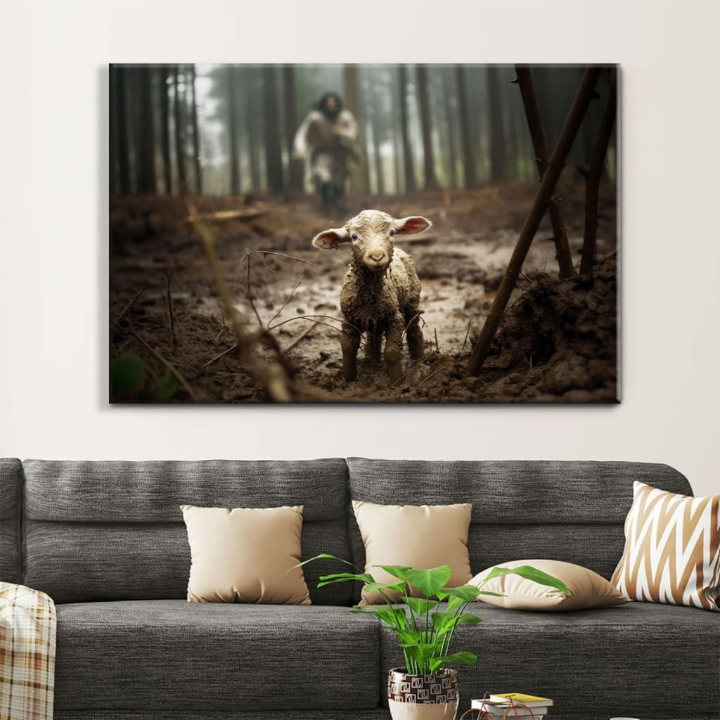 Jesus Running After a Lost Lamb, Jesus Lamb of God, Wall Art Canvas