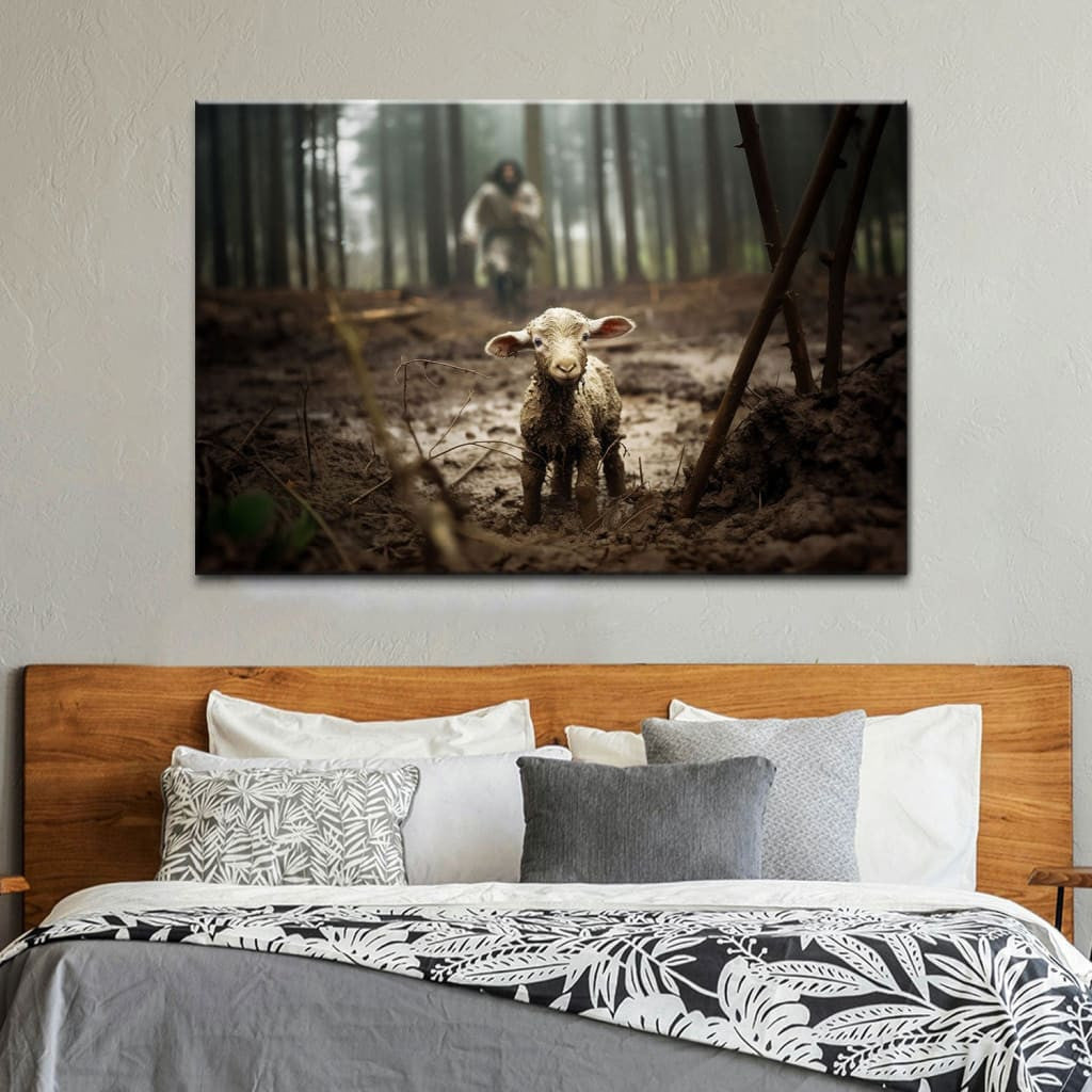 Jesus Running After a Lost Lamb, Jesus Lamb of God, Wall Art Canvas