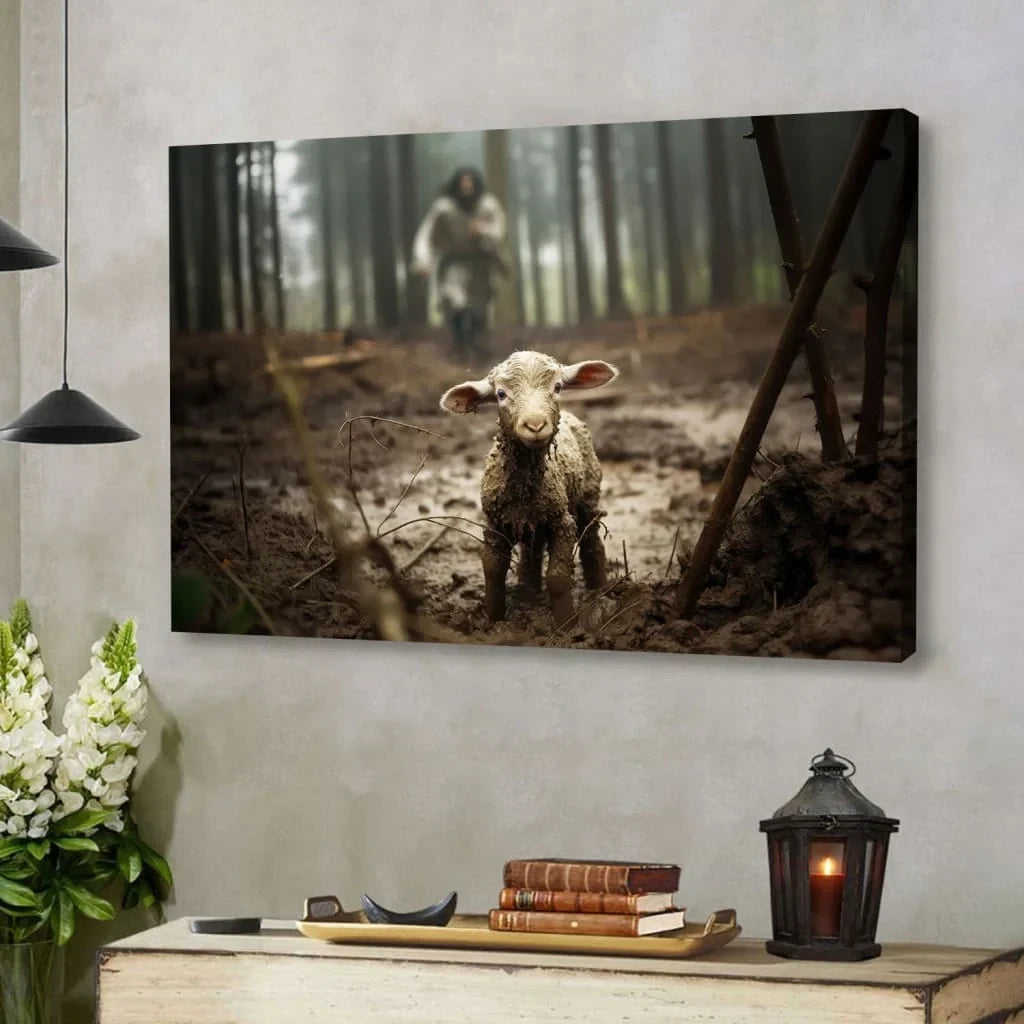 Jesus Running After a Lost Lamb, Jesus Lamb of God, Wall Art Canvas