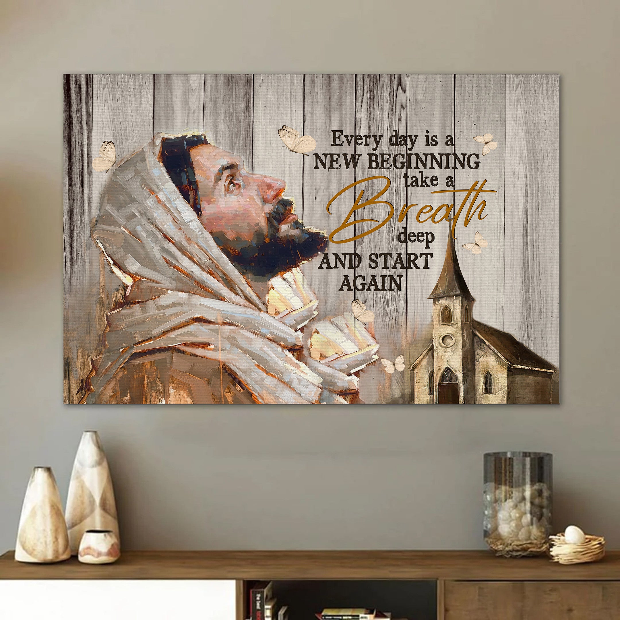 Every day is a new beginning butterfly flower Christian New wall art canvas print