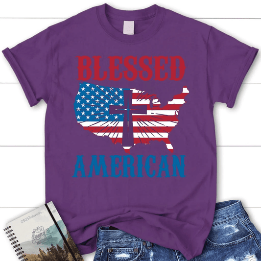 Patriotic Christian T-shirts: Blessed American cross women's Christian t-shirt