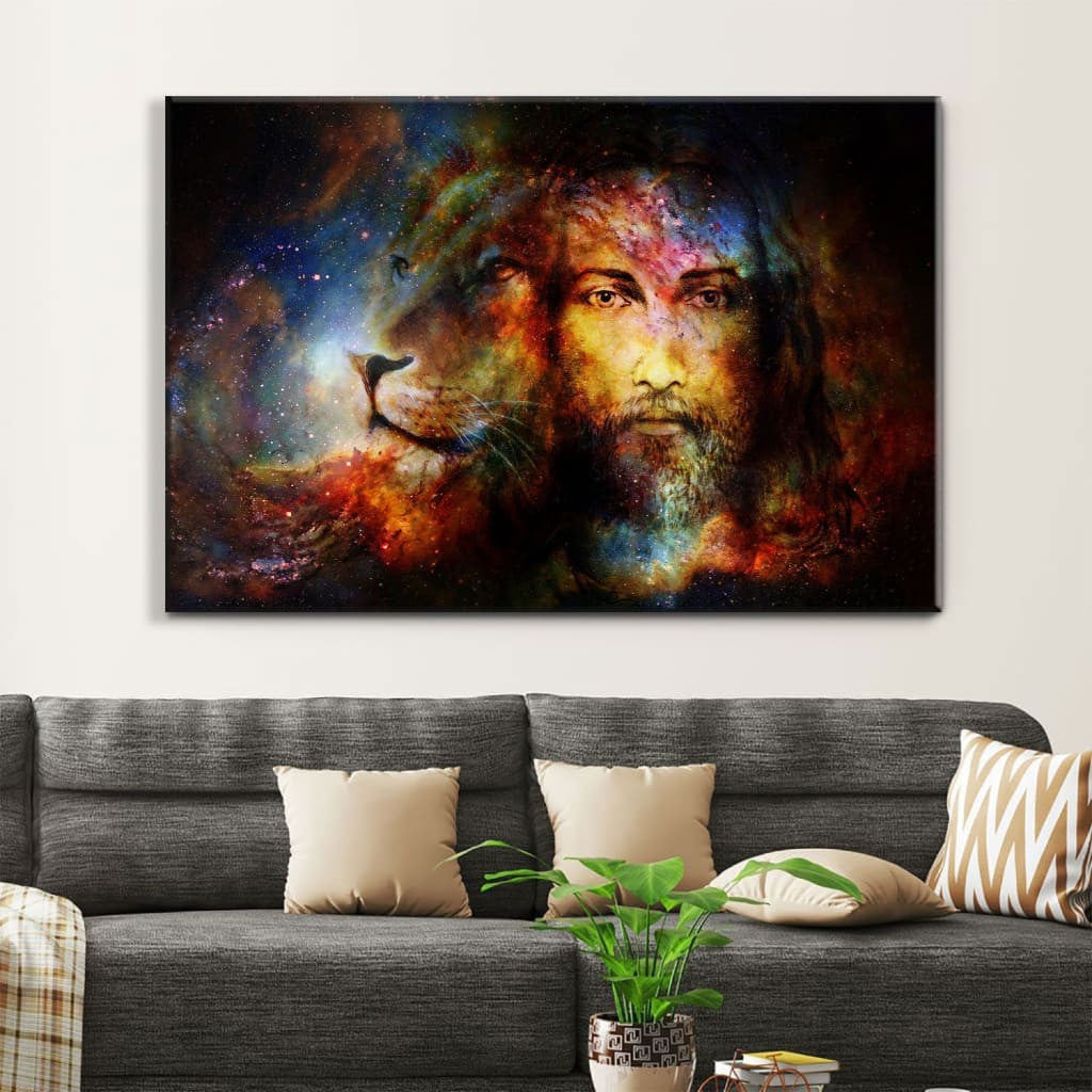 Jesus Christ With a Lion Of Judah in Cosmic Space Wall Art Canvas