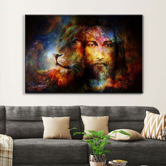Jesus Christ With a Lion Of Judah in Cosmic Space Wall Art Canvas