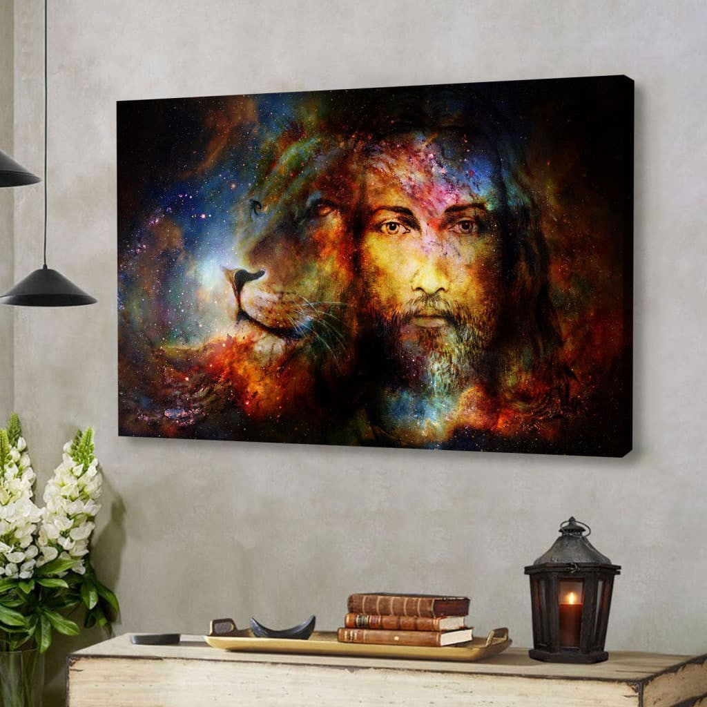 Jesus Christ With a Lion Of Judah in Cosmic Space Wall Art Canvas