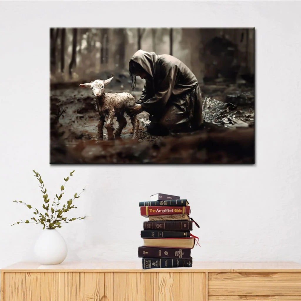 Jesus Rescues Lost Lamb Canvas Wall Art