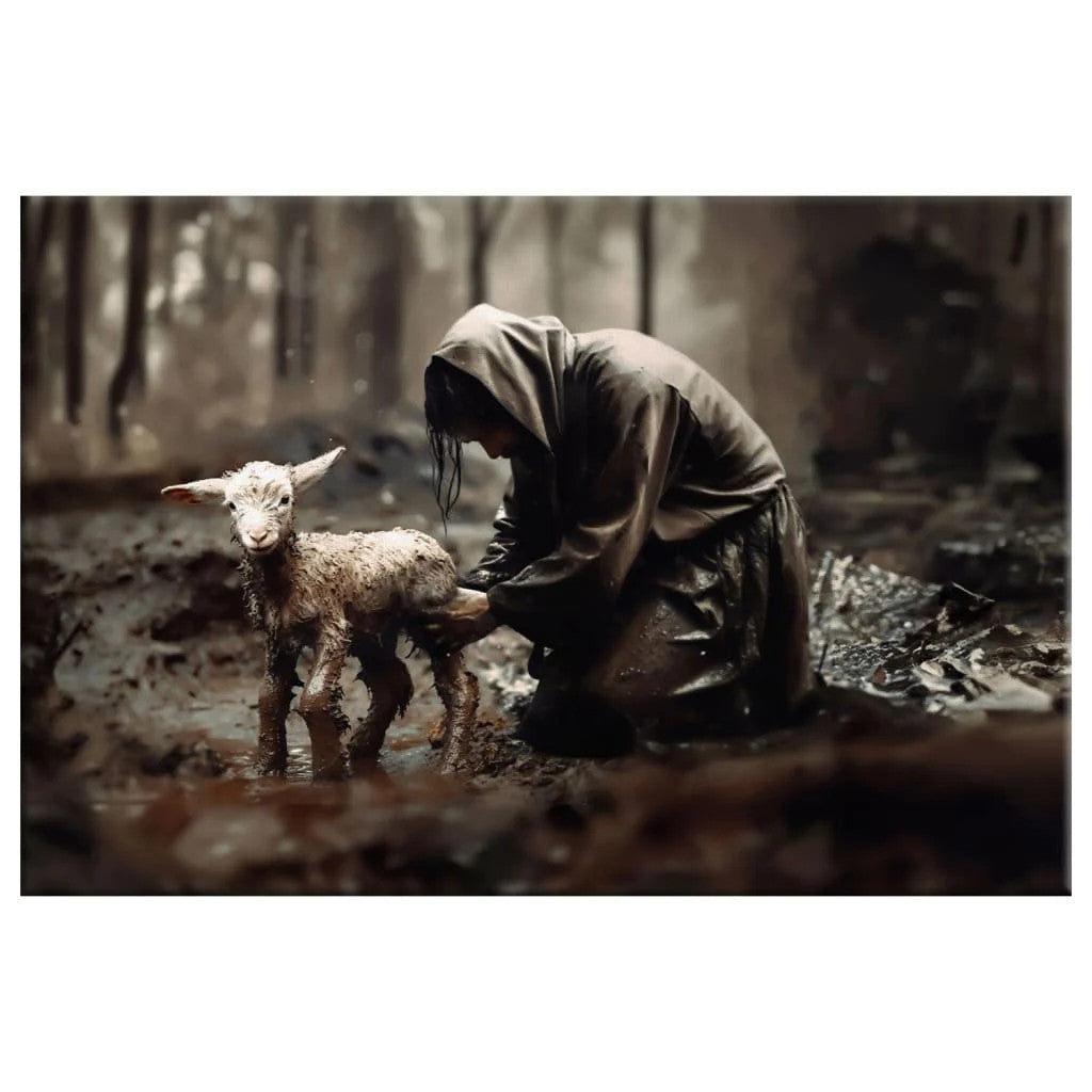 Jesus Rescues Lost Lamb Canvas Wall Art