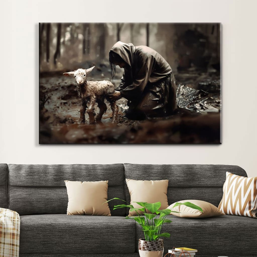 Jesus Rescues Lost Lamb Canvas Wall Art