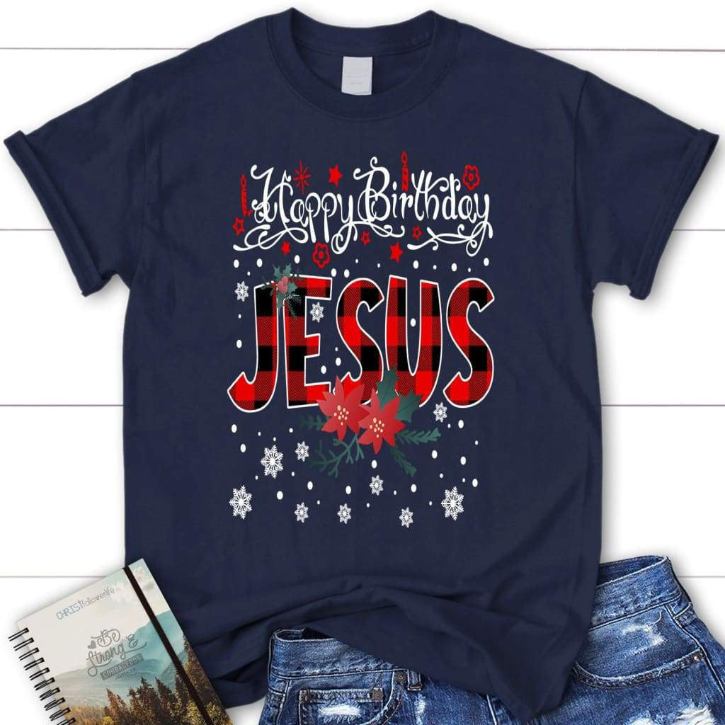 Happy Birthday Jesus, Buffalo Plaid, Women's Christmas T-shirt
