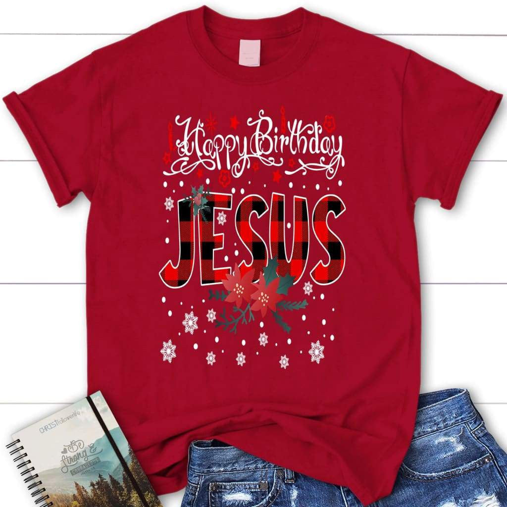 Happy Birthday Jesus, Buffalo Plaid, Women's Christmas T-shirt