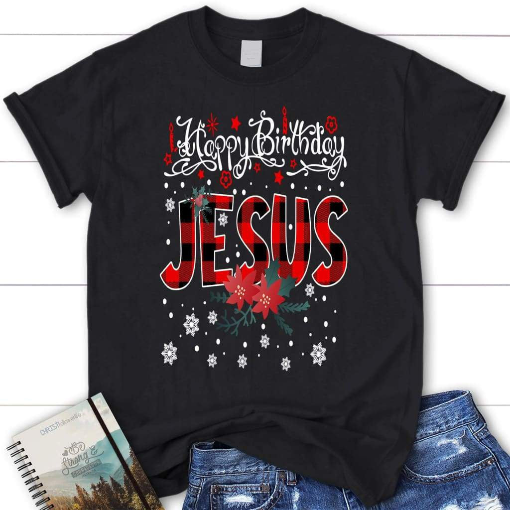 Happy Birthday Jesus, Buffalo Plaid, Women's Christmas T-shirt