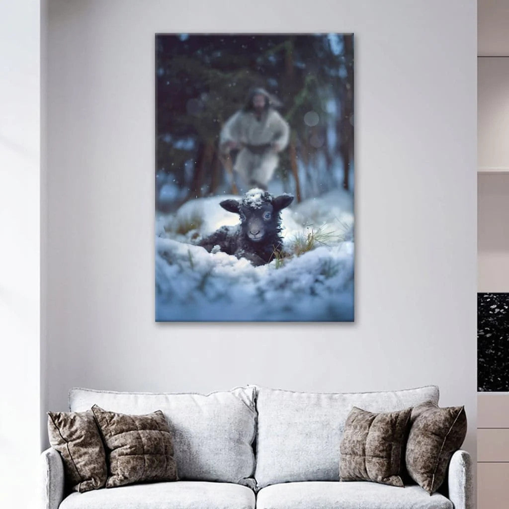 Jesus Running to Rescue a Lost Sheep in a Snowy Forest Wall Art Canvas