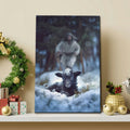 Jesus Running to Rescue a Lost Sheep in a Snowy Forest Wall Art Canvas